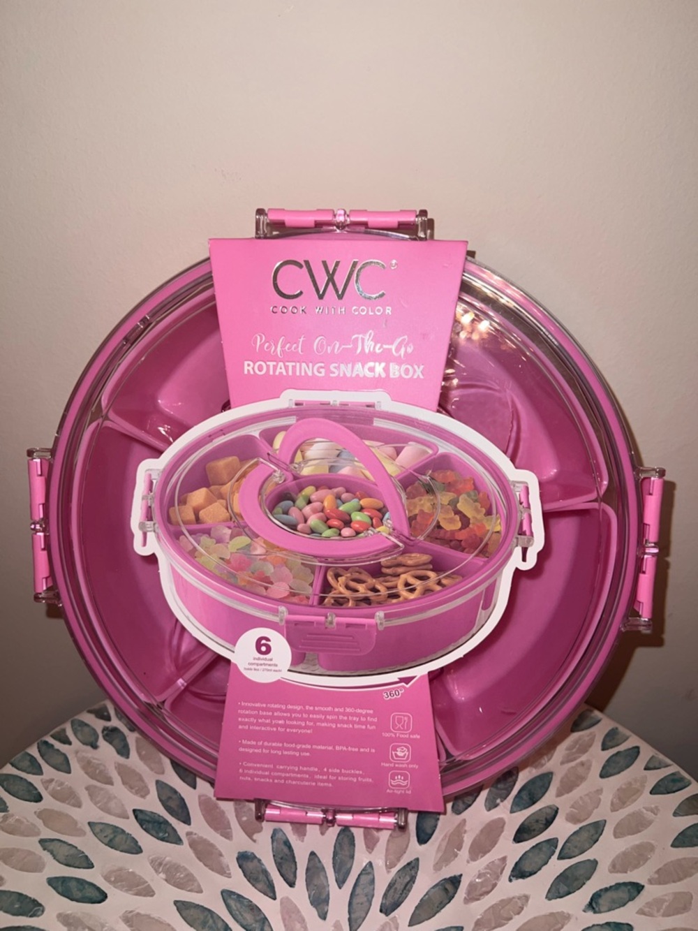 CWC Large Pink Rotating Snack Box 6 Compartment Lazy Susan New - Picture 4 of 7